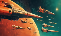 many jet type aircraft flying over the red planet