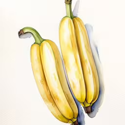 watercolor painting of three ripe bananas on a branch,two yellow bananas sit on the branch, with one stem still attached