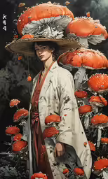 a woman dressed up in traditional japanese attire with mushrooms