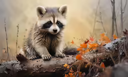 a small raccoon looking at something while sitting on a log