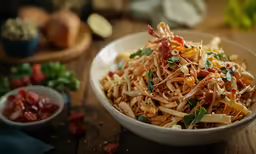 a plate with pasta and vegetables in it