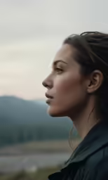 a woman with a large nose standing in the distance