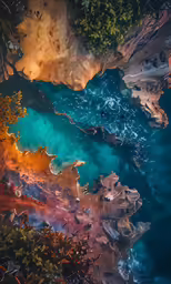 aerial view of ocean waves and trees at night