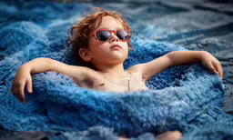 a little girl wearing sunglasses on a blue blanket