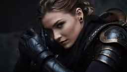 a woman dressed as female warrior in black gloves