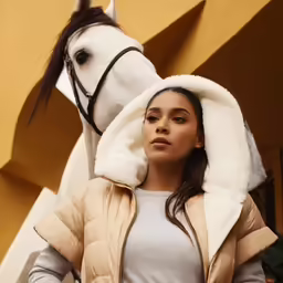 a woman standing next to a horse wearing a jacket