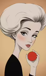 a woman with white hair holding up a red apple