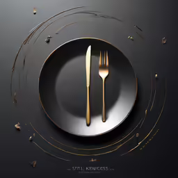 gold knife, fork and spoon on black plate
