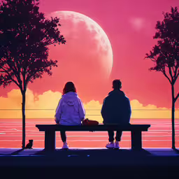 two people sitting on a bench at a sunset,two people sitting on a bench and looking at the sky at night