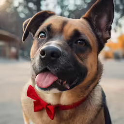 a close up of a dog wearing a red bow tie