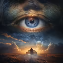 a man is walking across a field with an eye and a background of clouds