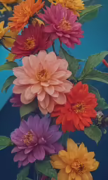 a group of different colored flowers in a vase