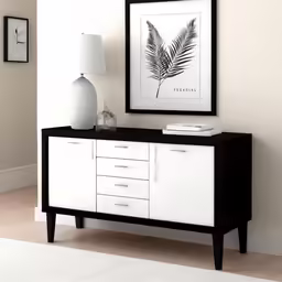 a room with a black and white shelf, a lamp and two pictures