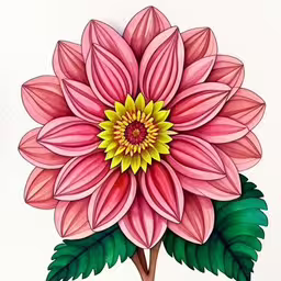 a painting of a flower with green leaves,an artisticly designed flower with leaves, drawn by a woman,a colorful flower with green leaves is painted in pink,a pink flower on top of a tree branch,this is a drawing of a beautiful pink flower