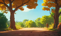 a boy and a girl are walking through a park,an animal that is standing in the middle of a road