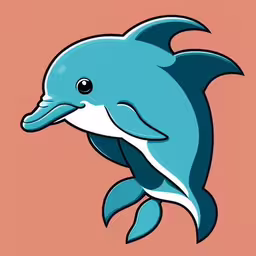 a cartoon style dolphin jumping up in the air,a dolphin with its mouth open and some water