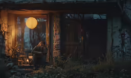 a woman is sitting outside a house