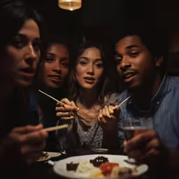 four people sitting around a table eating food
