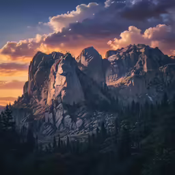 mountain peaks with tree and clouds above during sunset