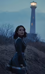 a woman in a coat is standing by the light house