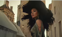 a woman wearing a big hat in a street