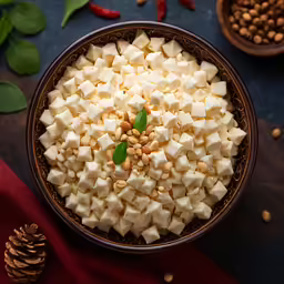 a bowl with chopped food sits on a table