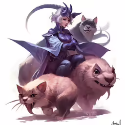 a woman is on top of two cats