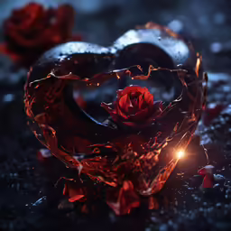 red heart sitting on the ground next to red roses