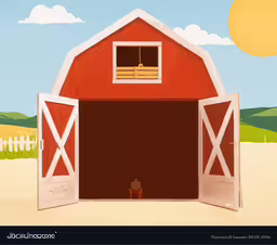 the painting shows the barn with two horses,a painting with a red barn and sun