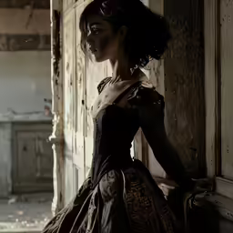 a woman standing against an old wooden wall wearing a dress