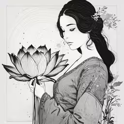 a black and white image of a woman holding a large flower,a woman standing next to a lotus flower