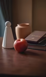 a book, a vase and an apple are sitting on a table