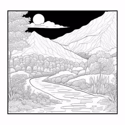 a coloring book with an image of mountains and trees,a drawing of a mountain landscape with a river