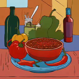 there are red peppers and two bottle next to the bowl,a table topped with bowls of chili and veggies