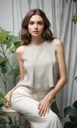 a woman sitting on a bench in white outfits