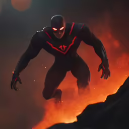 a stylized version of the animated black lantern is posed by two fire fighters
