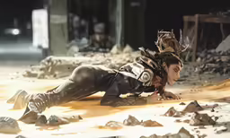 a man laying down with his head down while wearing leather clothing