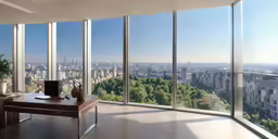 the large windows in the office are overlooking the city