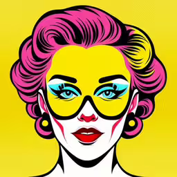 a colorful painting of a woman with blue eyes and blonde hair,a painting of a woman with glasses on it