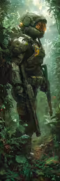 a futuristic robot walking through a lush green forest,a creature that is walking in the woods