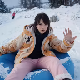 a woman in a brown jacket sitting on top of a snow tube