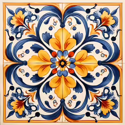 a white tile with yellow, blue and red flowers