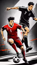 a digital painting of two soccer players chasing the ball,two soccer players are running while kicking a ball