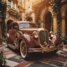 an old fashion car parked on the stone street