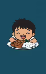 a cartoon of a kid smiling over some rice on a plate