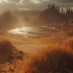 the sunset glows brightly on a sandy beach