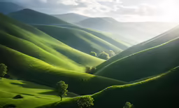 a lush green valley with trees on the hillside