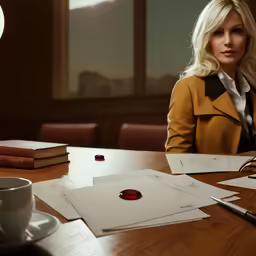 there is a woman sitting at a table with paper work