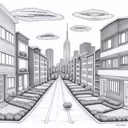 a drawing of the view from between two buildings,an architectural drawing of a city street with trees and lawn seating,a drawing of the view from an alley way in the city,some buildings are in a small city with no cars,a city view is seen from the middle of a street