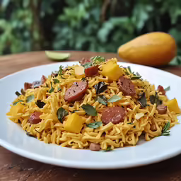 a plate of food with sausage on it
